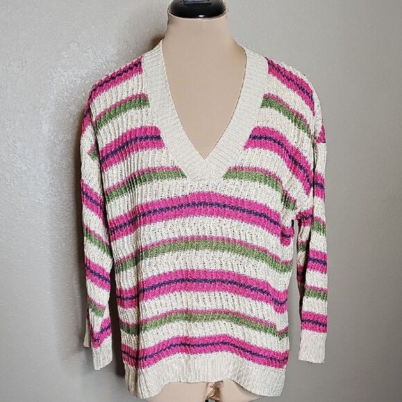 LOFT V-Neck Sweater with Pink, Green, and Cream Stripes Loose Knit Medium - Picture 2 of 8